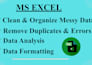 clean excel spreadsheet, data formatting, data analysis